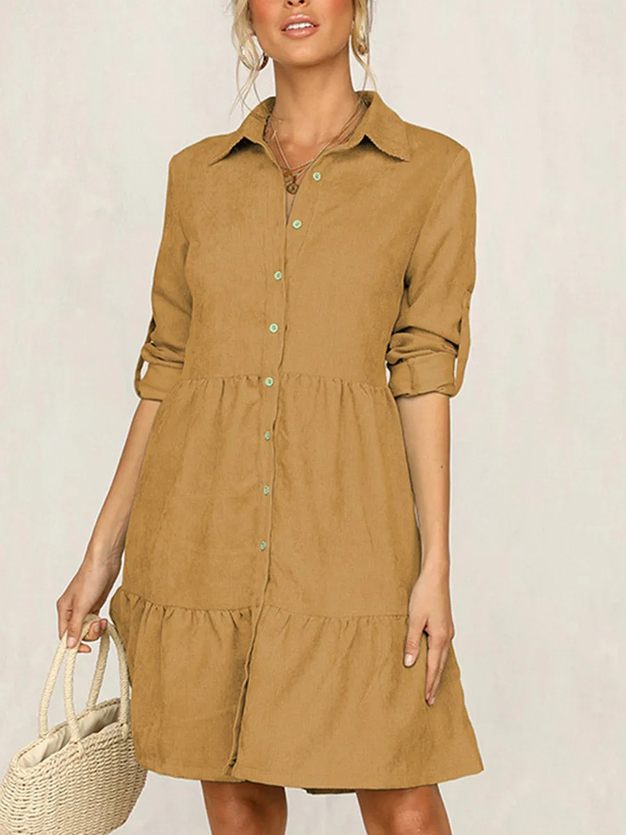 Stunncal Rolled Up Sleeve Button Down Ruffle Dress