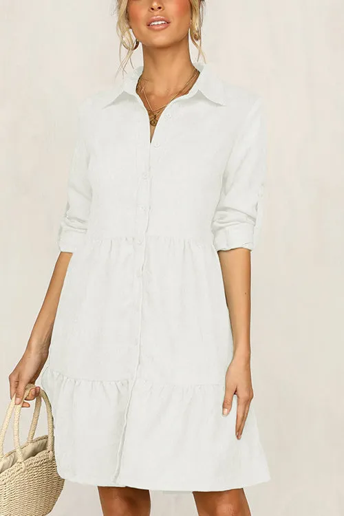 Stunncal Rolled Up Sleeve Button Down Ruffle Dress