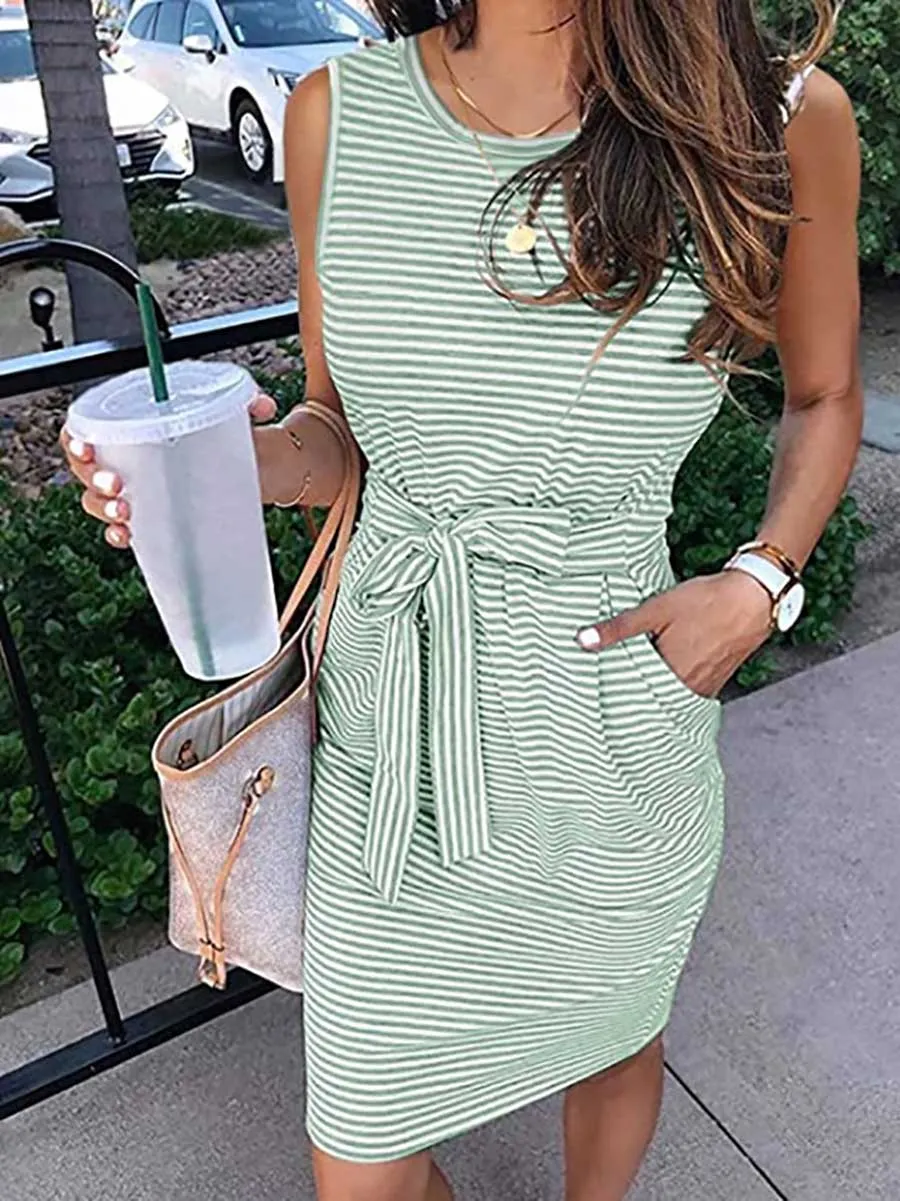 Stunncal Sleeveless striped lace-up dress (7 colors)