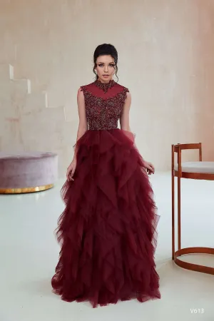 Tiered ruffle gown | Burgundy formal dress for wedding | KatrinFAVOR