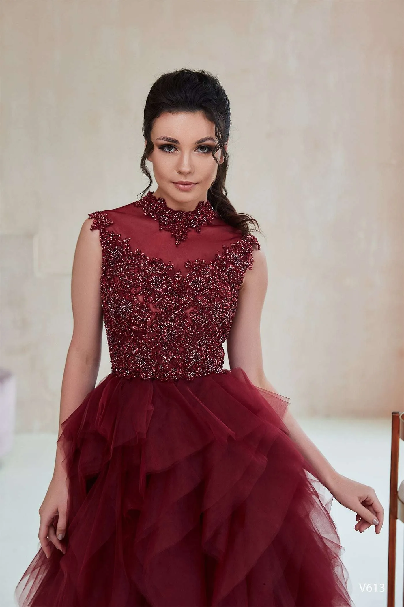 Tiered ruffle gown | Burgundy formal dress for wedding | KatrinFAVOR