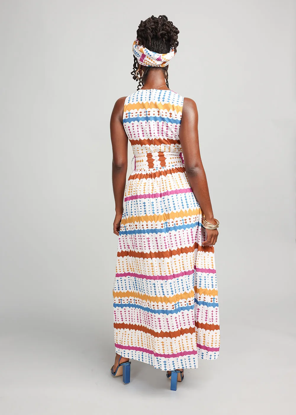 Tinashe Women's African Print Maxi Dress (White Nautical Adire) - Clearance