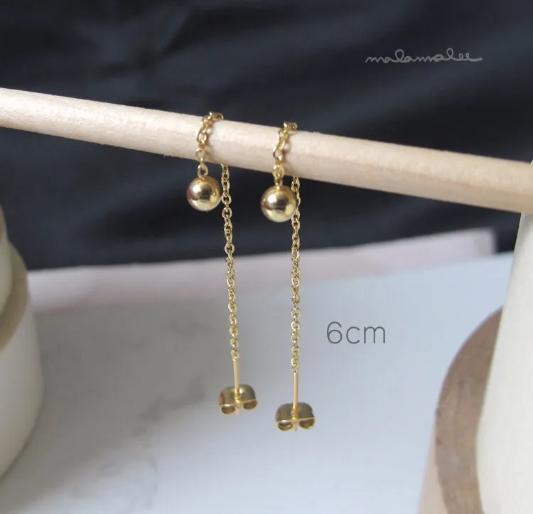 Tiny Ball drop long earrings, Gold Threader earrings