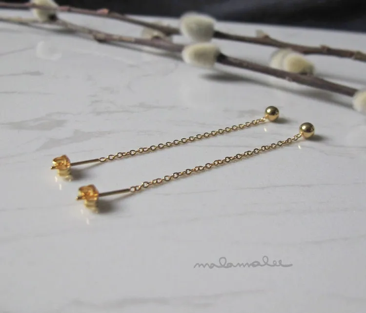 Tiny Ball drop long earrings, Gold Threader earrings