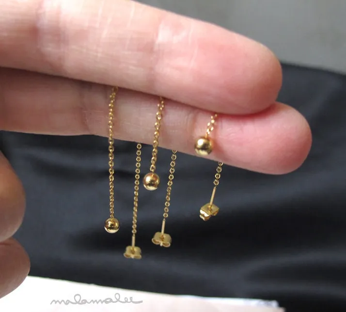 Tiny Ball drop long earrings, Gold Threader earrings