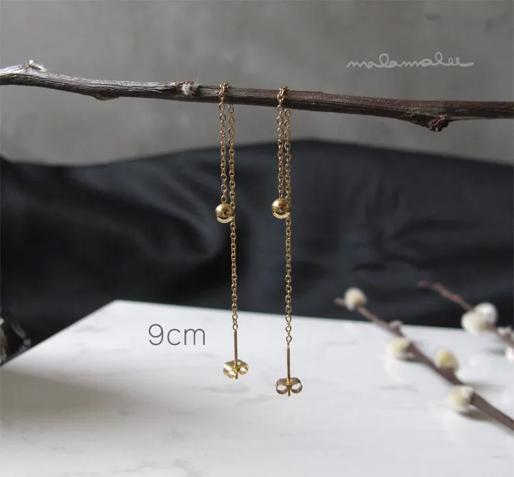 Tiny Ball drop long earrings, Gold Threader earrings