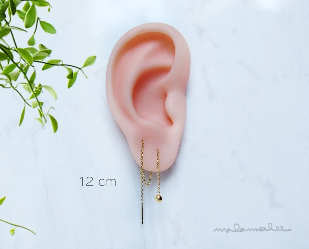 Tiny Ball drop long earrings, Gold Threader earrings