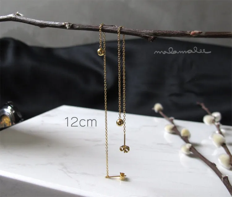 Tiny Ball drop long earrings, Gold Threader earrings
