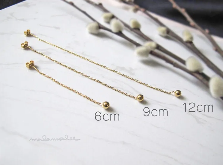 Tiny Ball drop long earrings, Gold Threader earrings