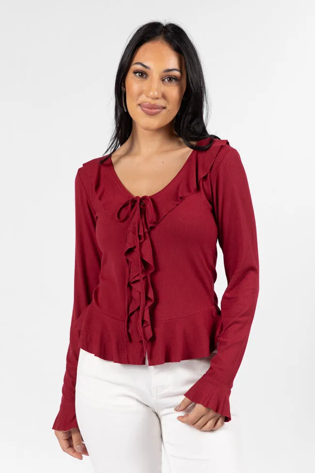Treat You The Same Wine Ruffle Detail Ribbed Blouse FINAL SALE