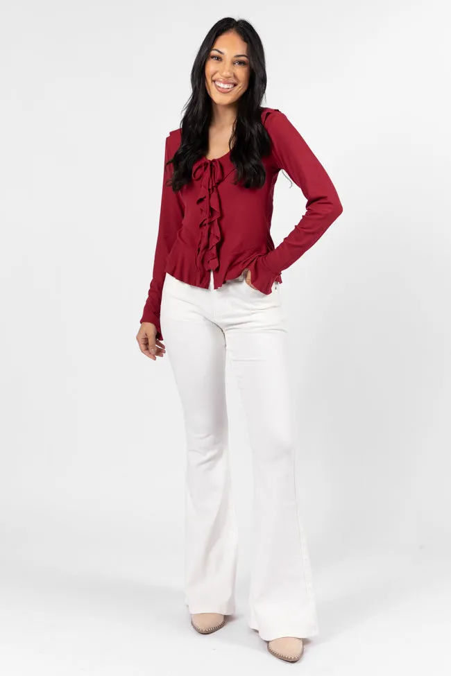 Treat You The Same Wine Ruffle Detail Ribbed Blouse FINAL SALE