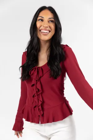 Treat You The Same Wine Ruffle Detail Ribbed Blouse FINAL SALE