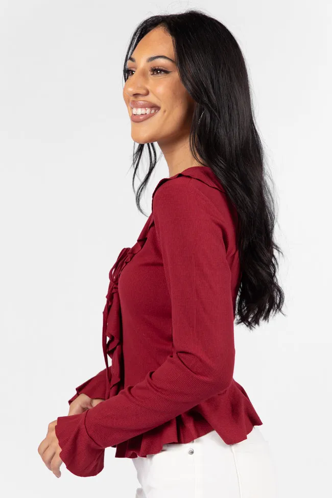 Treat You The Same Wine Ruffle Detail Ribbed Blouse FINAL SALE
