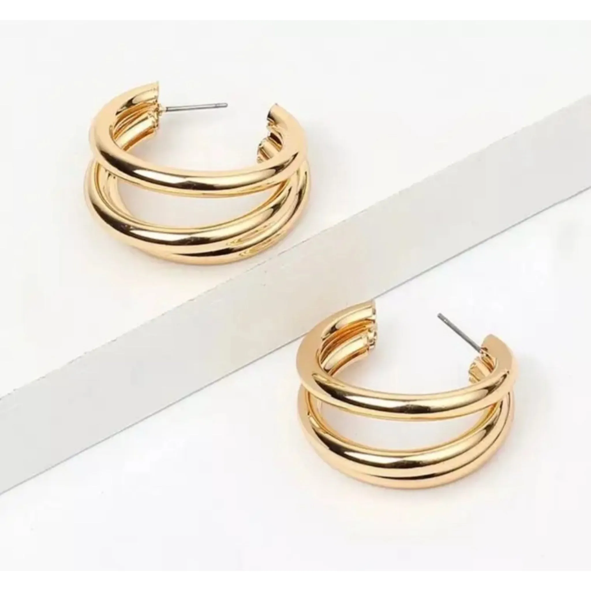 Triple Gold Hoop Post Earrings