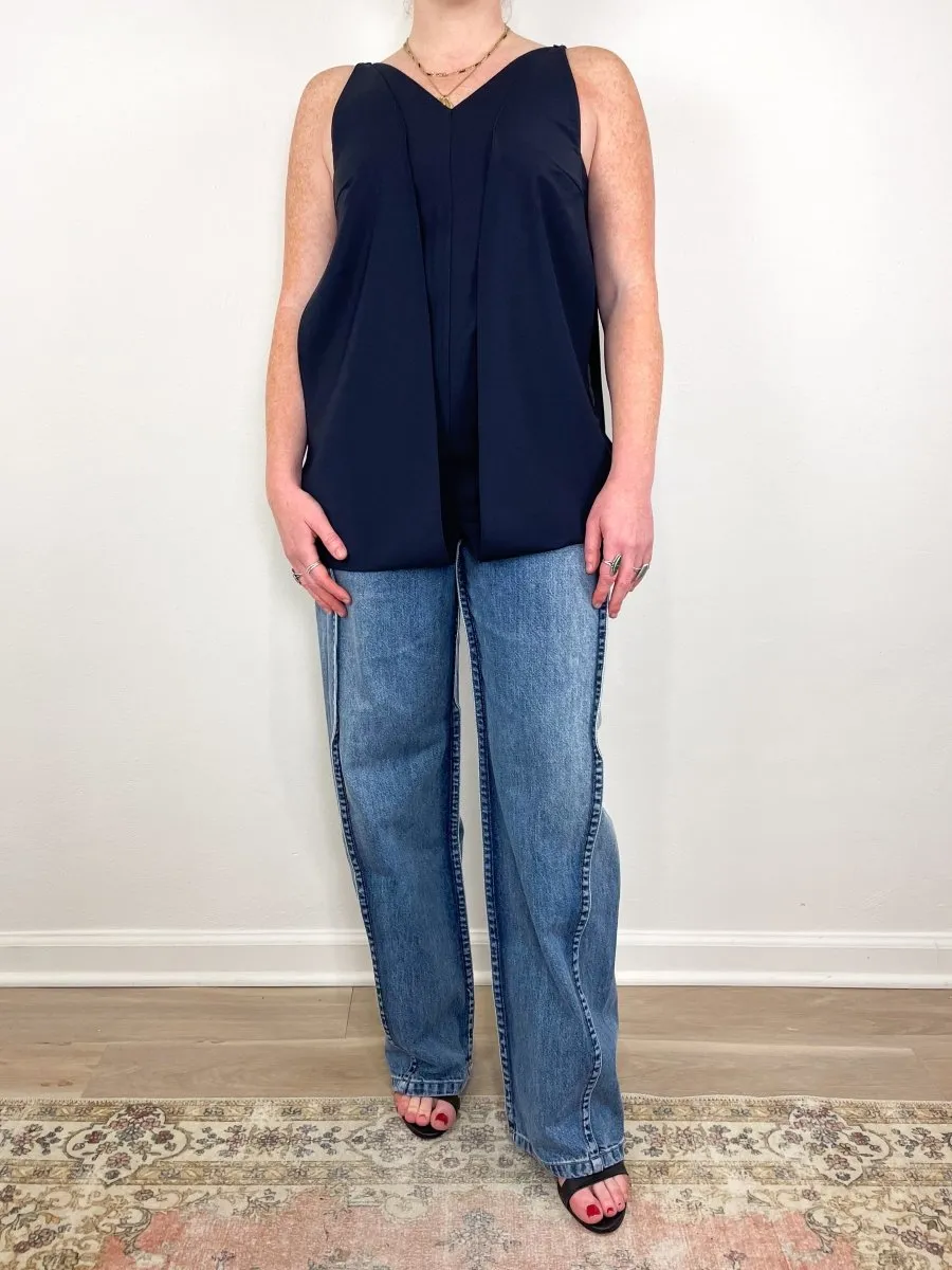 Tropical Wool Sleeveless Paneled Tunic in Navy