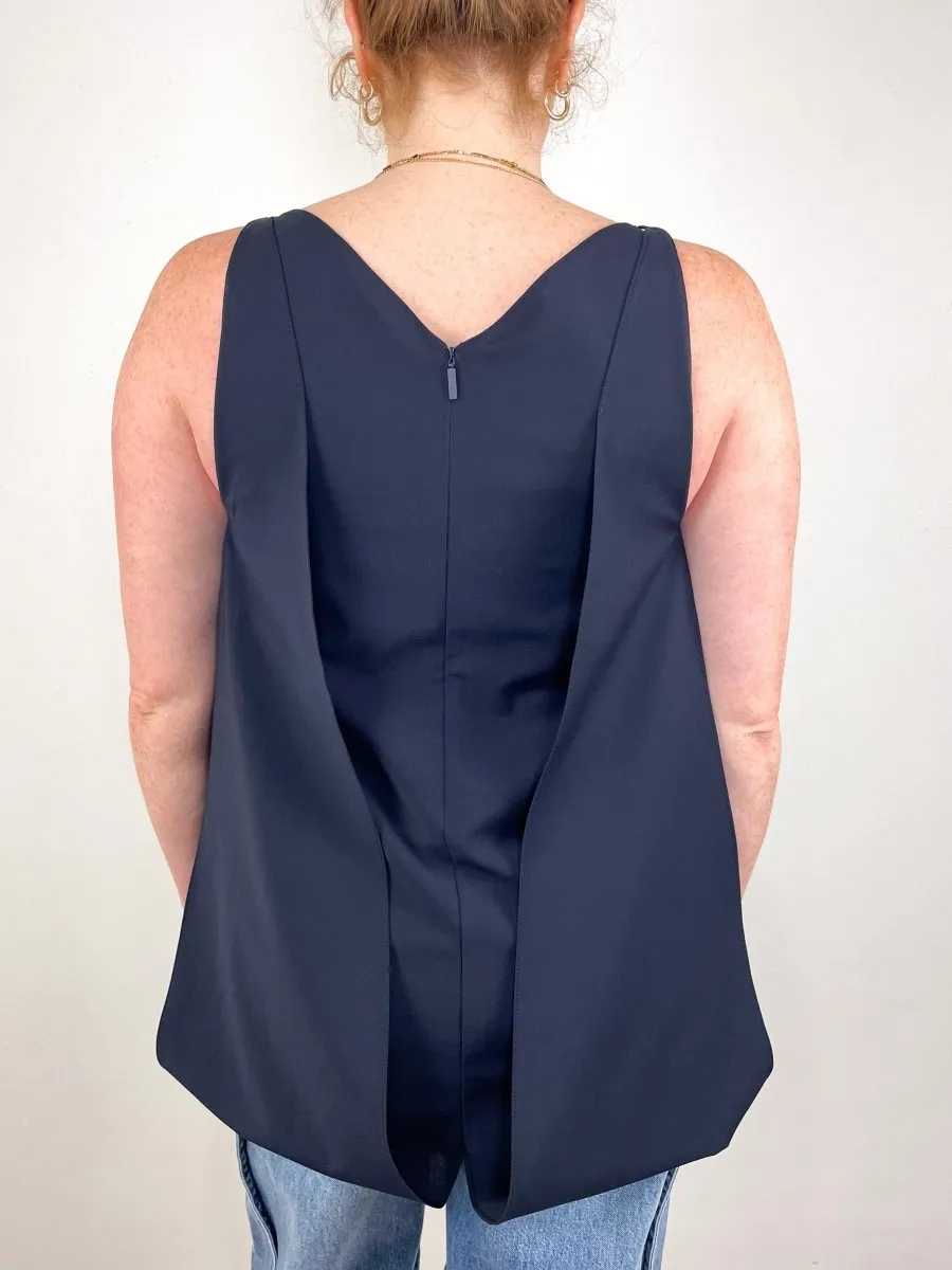 Tropical Wool Sleeveless Paneled Tunic in Navy