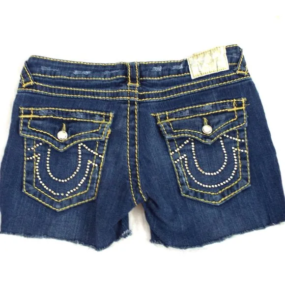 True Religion Denim Jean Cut-off Raw Hem Medium Wash Shorts w/Rhinestone Size 29