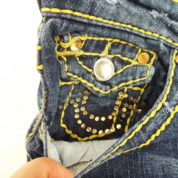 True Religion Denim Jean Cut-off Raw Hem Medium Wash Shorts w/Rhinestone Size 29