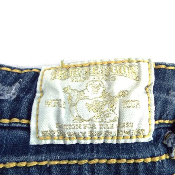 True Religion Denim Jean Cut-off Raw Hem Medium Wash Shorts w/Rhinestone Size 29