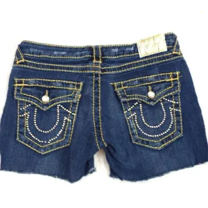 True Religion Denim Jean Cut-off Raw Hem Medium Wash Shorts w/Rhinestone Size 29