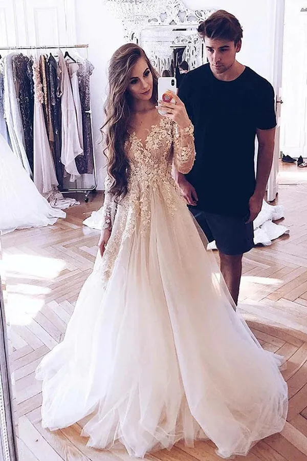 Tulle A-Line Long Sleeves Lace Appliques Wedding Dresses, Bridal Gown, MW822