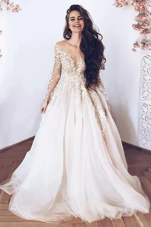 Tulle A-Line Long Sleeves Lace Appliques Wedding Dresses, Bridal Gown, MW822
