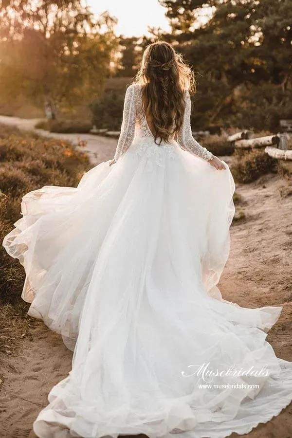 Tulle A-line V-neck Long Sleeves Wedding Dresses With Lace Appliques, MW920