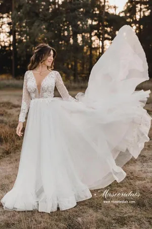 Tulle A-line V-neck Long Sleeves Wedding Dresses With Lace Appliques, MW920