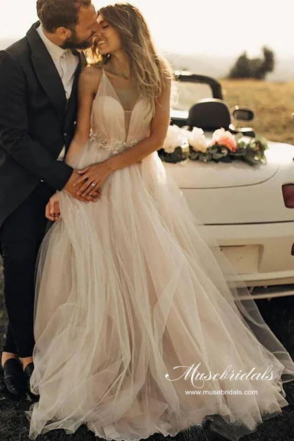 Tulle Beaded A-line Spaghetti Straps V-neck Beach Wedding Dresses, MW984