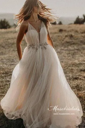 Tulle Beaded A-line Spaghetti Straps V-neck Beach Wedding Dresses, MW984