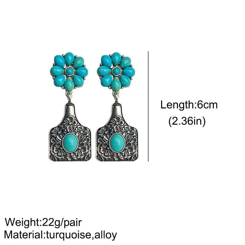 Turquoise Engraved Floral Western Cowboy Earrings