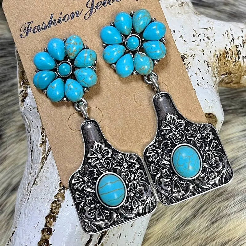 Turquoise Engraved Floral Western Cowboy Earrings