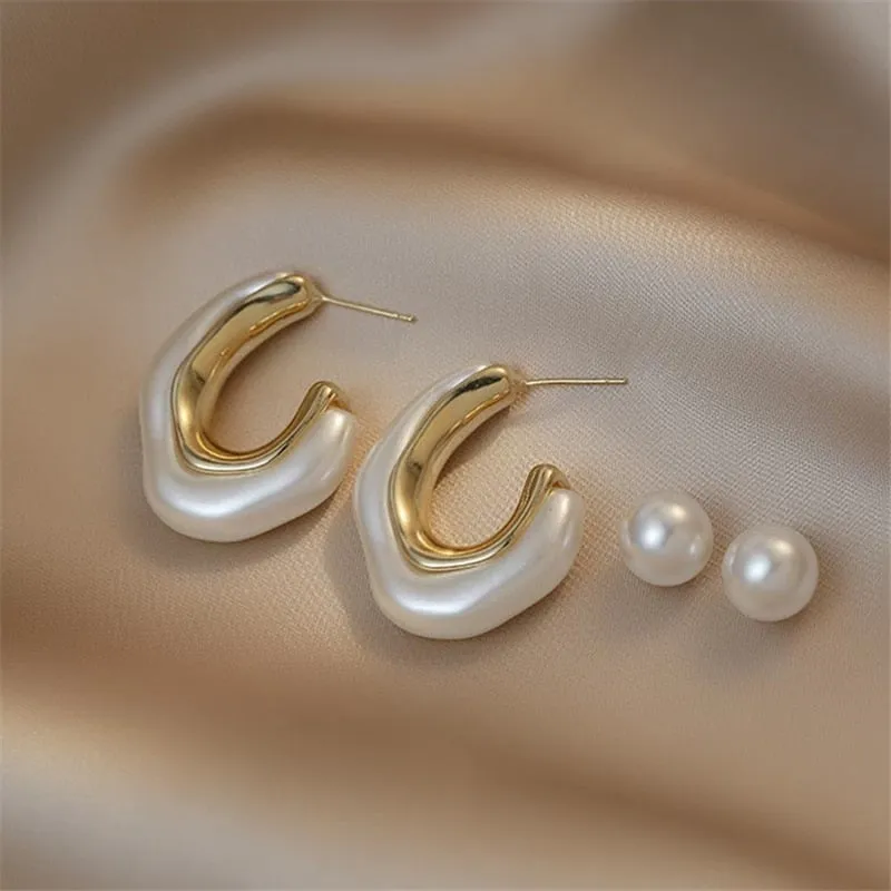 Unique White Pearl Hoop Earrings Women Engagement Jewelry
