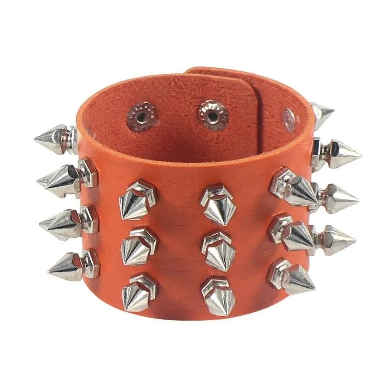 Unleash Your Inner Rebel with Three Row Cuspidal Spikes Rivet Stud Wide Cuff PU Leather Punk Gothic Rock Bracelet