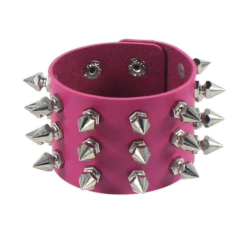 Unleash Your Inner Rebel with Three Row Cuspidal Spikes Rivet Stud Wide Cuff PU Leather Punk Gothic Rock Bracelet