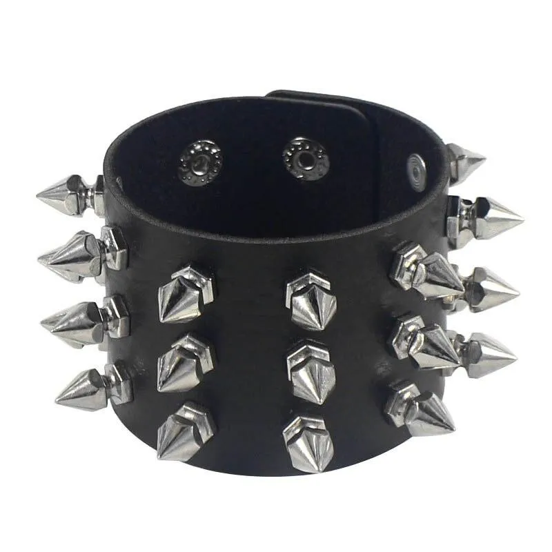 Unleash Your Inner Rebel with Three Row Cuspidal Spikes Rivet Stud Wide Cuff PU Leather Punk Gothic Rock Bracelet