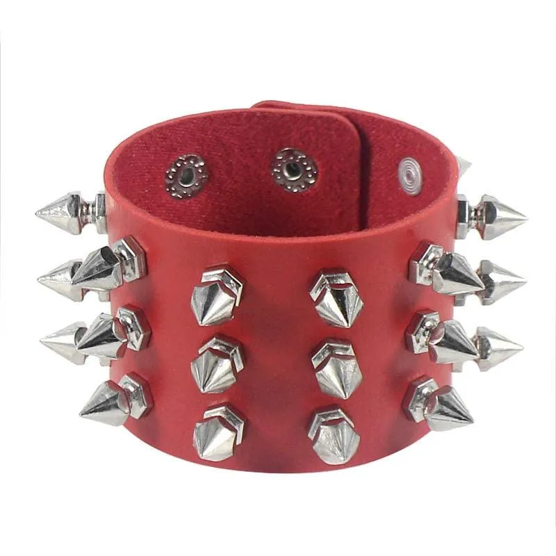 Unleash Your Inner Rebel with Three Row Cuspidal Spikes Rivet Stud Wide Cuff PU Leather Punk Gothic Rock Bracelet