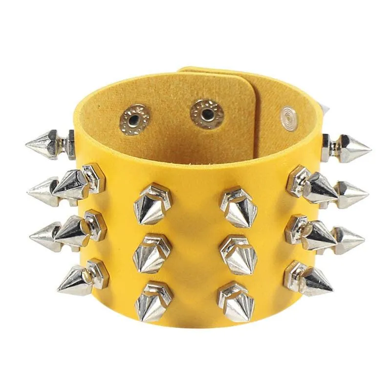Unleash Your Inner Rebel with Three Row Cuspidal Spikes Rivet Stud Wide Cuff PU Leather Punk Gothic Rock Bracelet