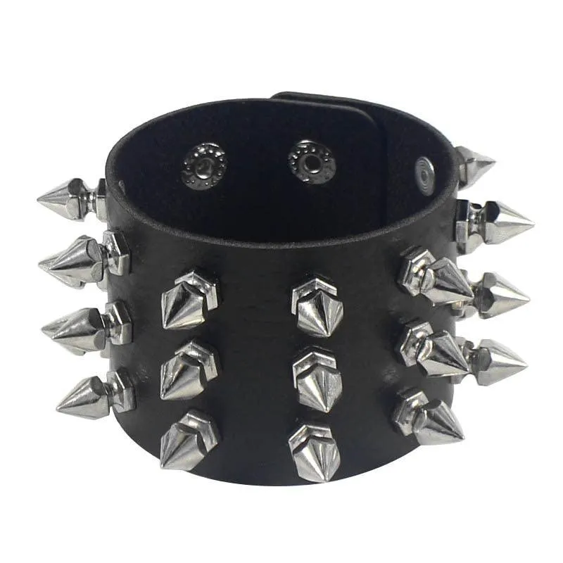 Unleash Your Inner Rebel with Three Row Cuspidal Spikes Rivet Stud Wide Cuff PU Leather Punk Gothic Rock Bracelet