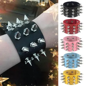 Unleash Your Inner Rebel with Three Row Cuspidal Spikes Rivet Stud Wide Cuff PU Leather Punk Gothic Rock Bracelet