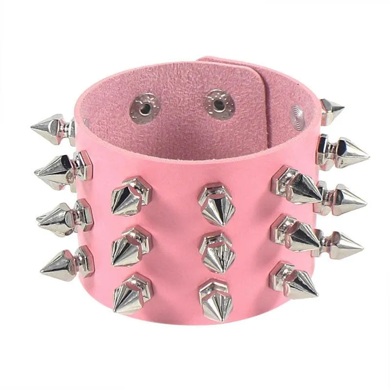 Unleash Your Inner Rebel with Three Row Cuspidal Spikes Rivet Stud Wide Cuff PU Leather Punk Gothic Rock Bracelet