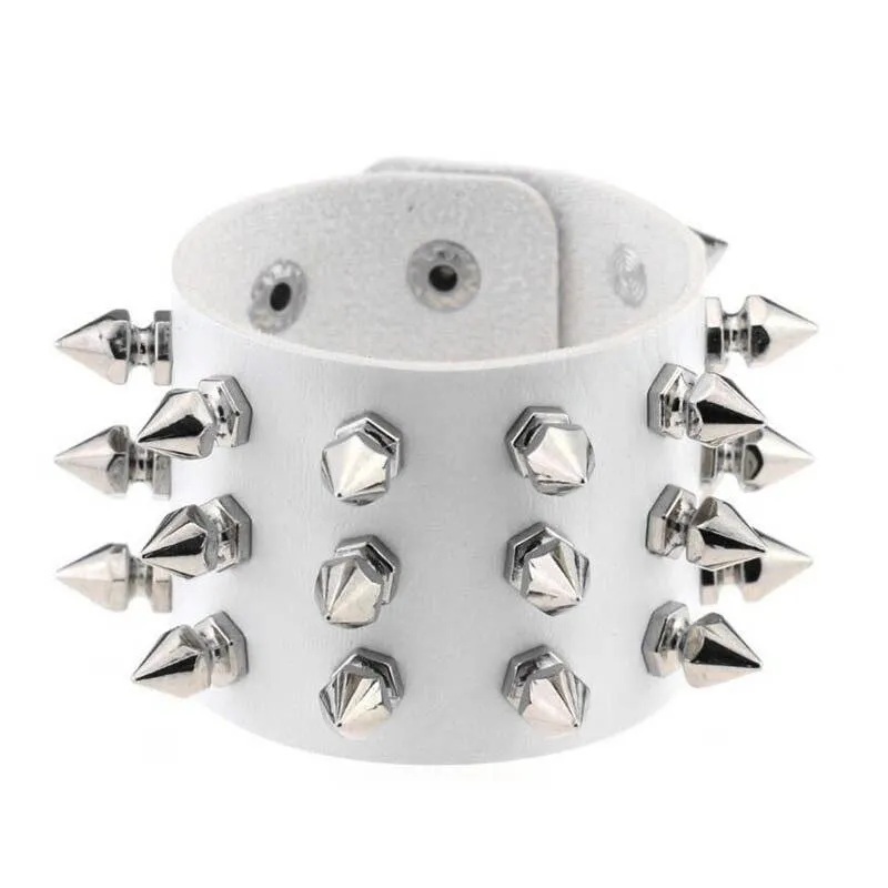 Unleash Your Inner Rebel with Three Row Cuspidal Spikes Rivet Stud Wide Cuff PU Leather Punk Gothic Rock Bracelet