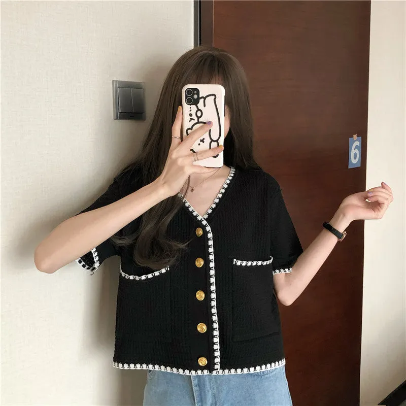 V-Neck Short Sleeve Knitted Tunic Cropped Shirt