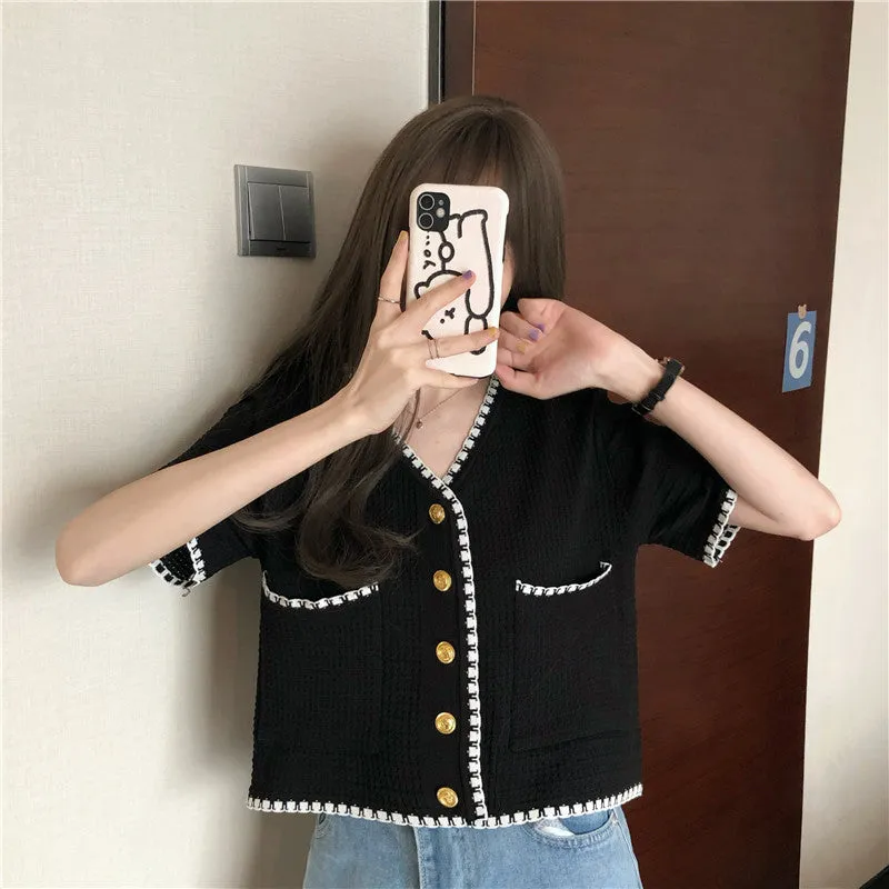 V-Neck Short Sleeve Knitted Tunic Cropped Shirt