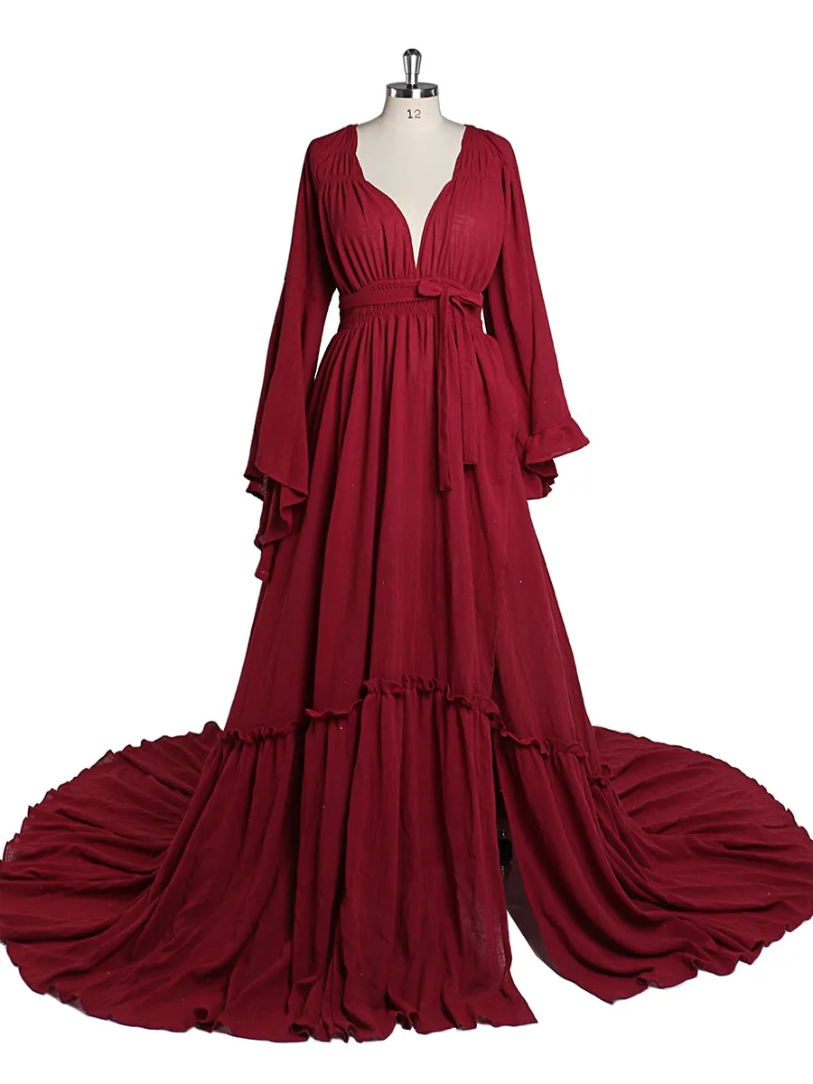 V Neck with 2 Different Style Sleeves Maternity Dresses for Photo Shoots Adjustable Waist Photography Pregnancy Dress for Baby Shower YEWEN YD211230