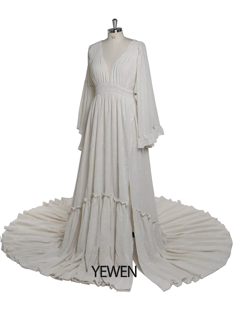 V Neck with 2 Different Style Sleeves Maternity Dresses for Photo Shoots Adjustable Waist Photography Pregnancy Dress for Baby Shower YEWEN YD211230