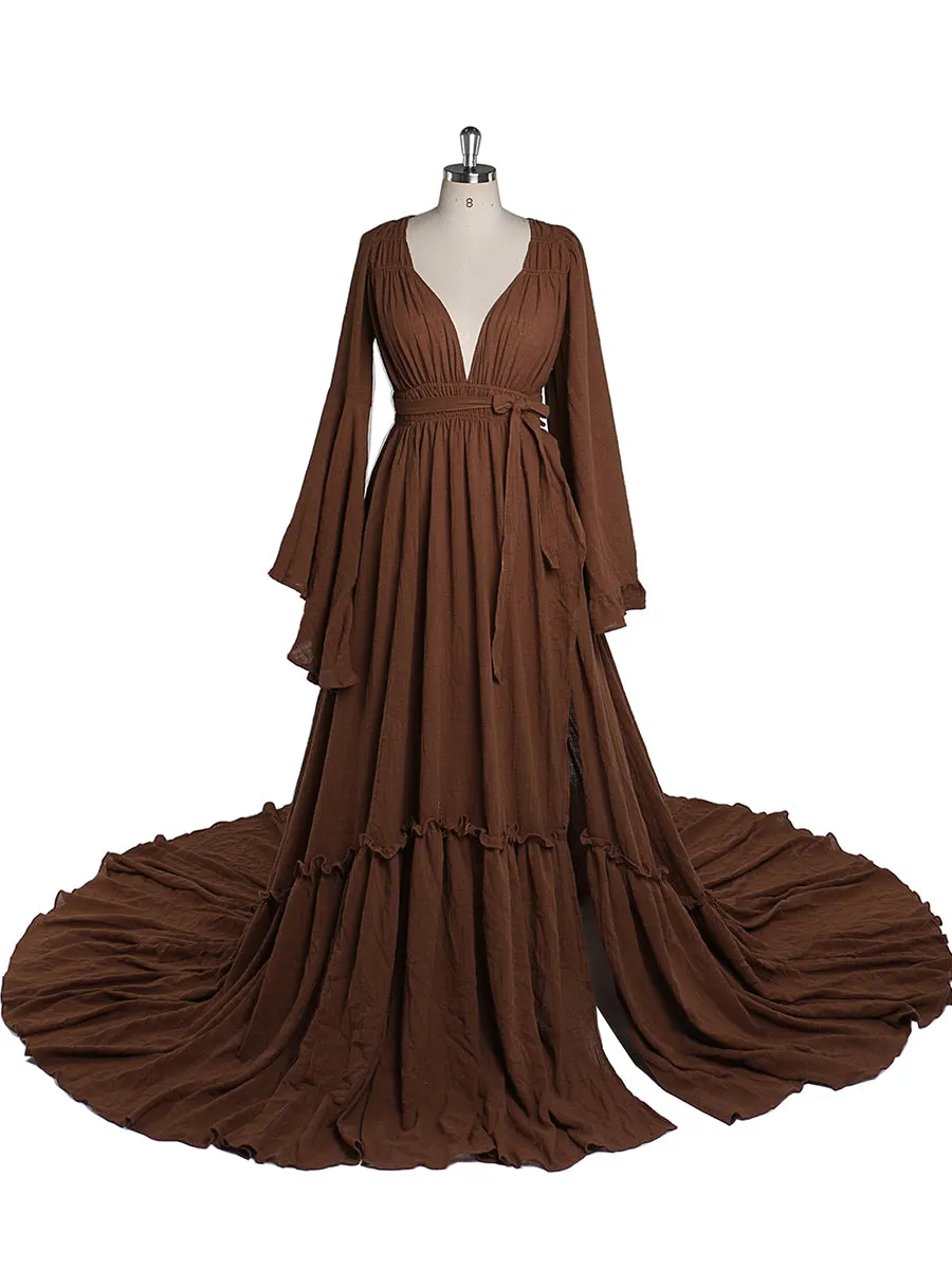 V Neck with 2 Different Style Sleeves Maternity Dresses for Photo Shoots Adjustable Waist Photography Pregnancy Dress for Baby Shower YEWEN YD211230