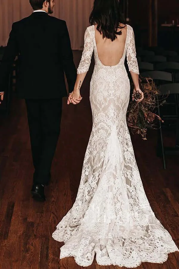 Vintage Mermaid Lace V-neck Boho Wedding Dresses With Chapel Train, MW686