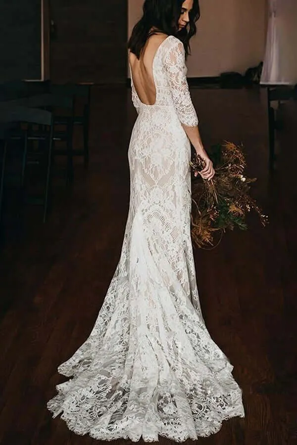 Vintage Mermaid Lace V-neck Boho Wedding Dresses With Chapel Train, MW686