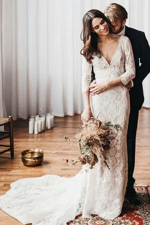 Vintage Mermaid Lace V-neck Boho Wedding Dresses With Chapel Train, MW686